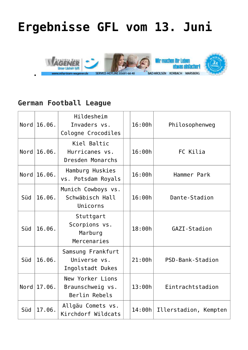 Ergebnisse GFL Vom 13. Juni