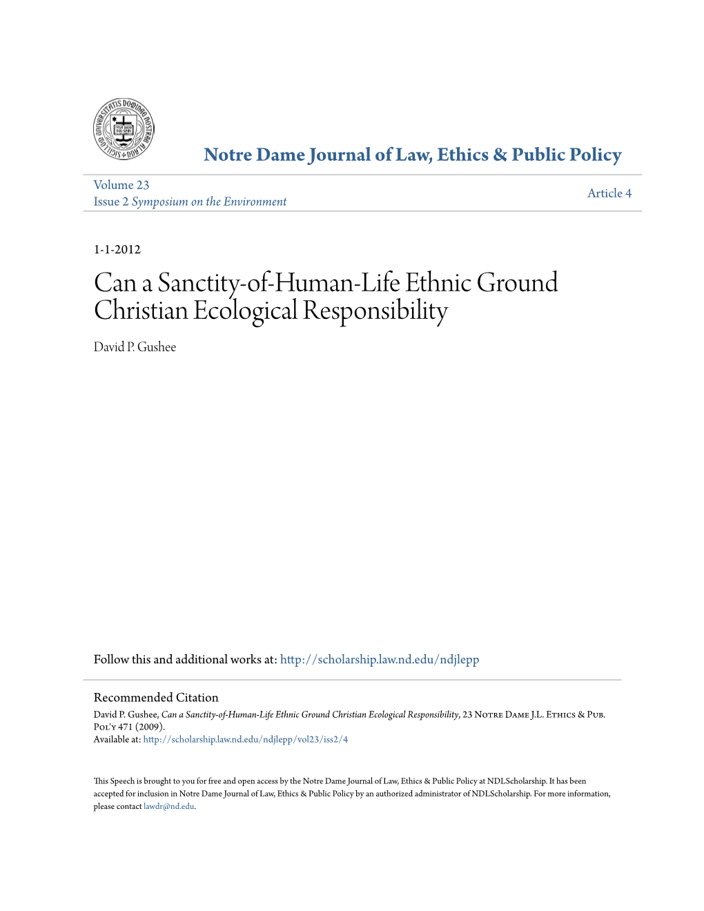 Can a Sanctity-Of-Human-Life Ethnic Ground Christian Ecological Responsibility David P