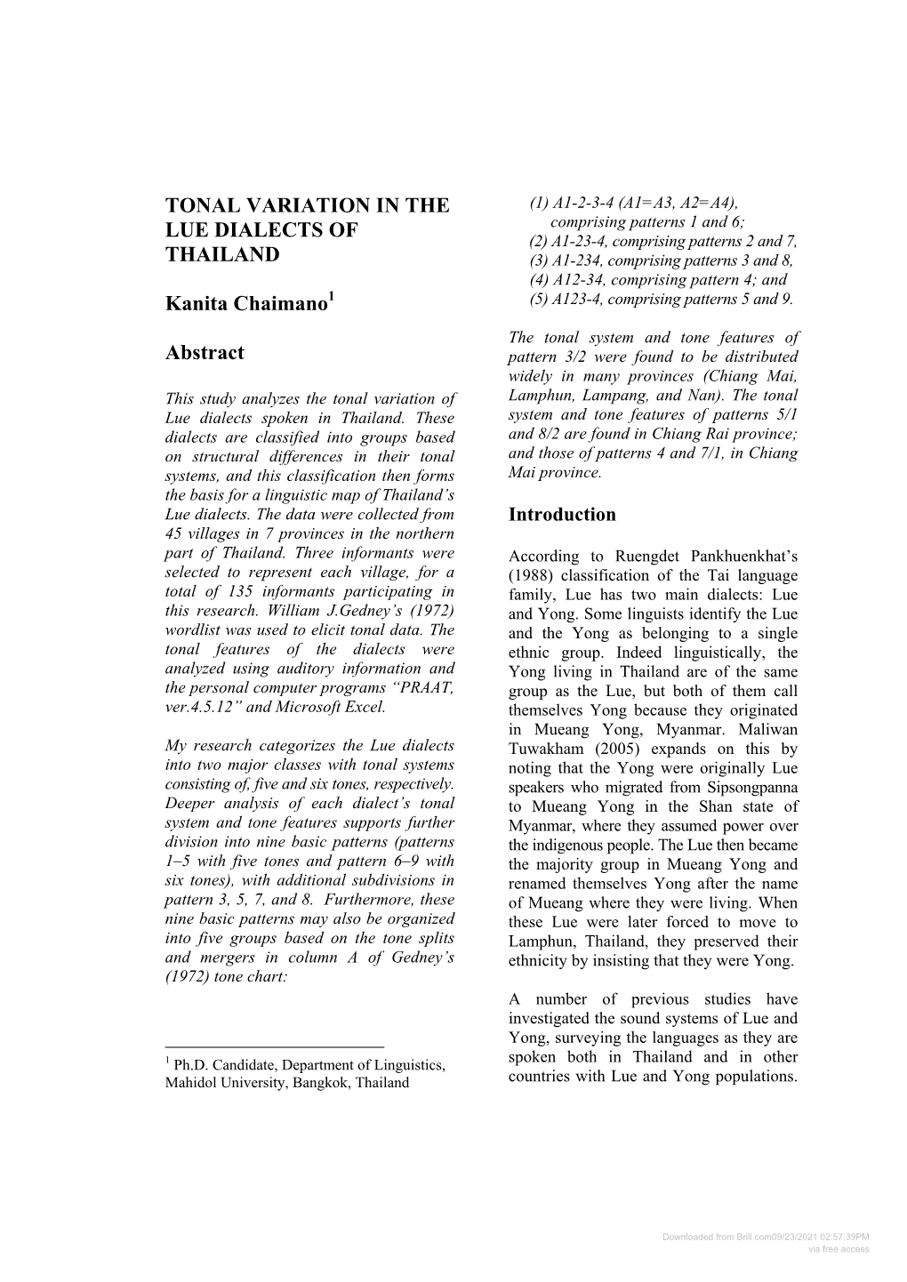 TONAL VARIATION in the LUE DIALECTS of THAILAND Kanita