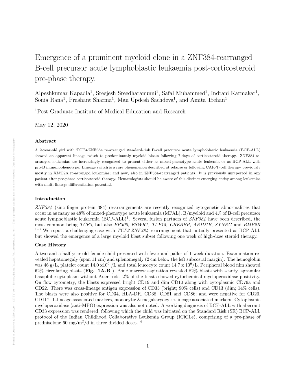 Emergence of a Prominent Myeloid Clone in a ZNF384-Rearranged B-Cell Precursor Acute Lymphoblastic Leukaemia Post-Corticosteroid