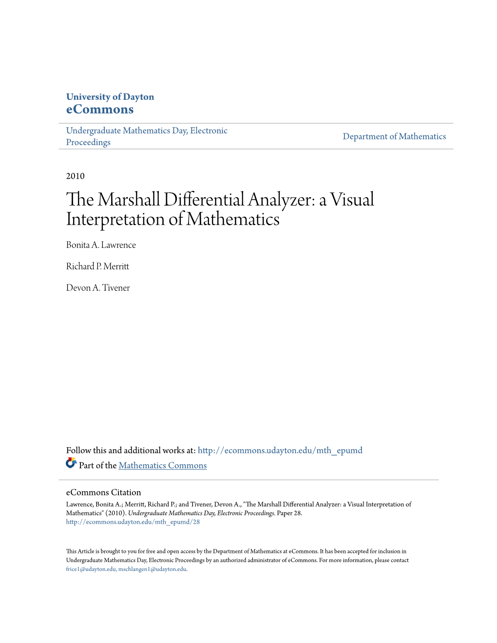 The Marshall Differential Analyzer: a Visual Interpretation of Mathematics