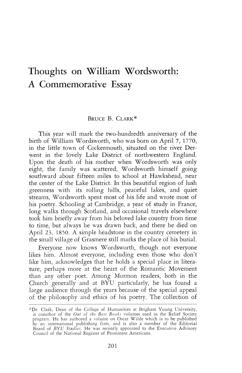 Thoughts on William Wordsworth a Commemorative Essay