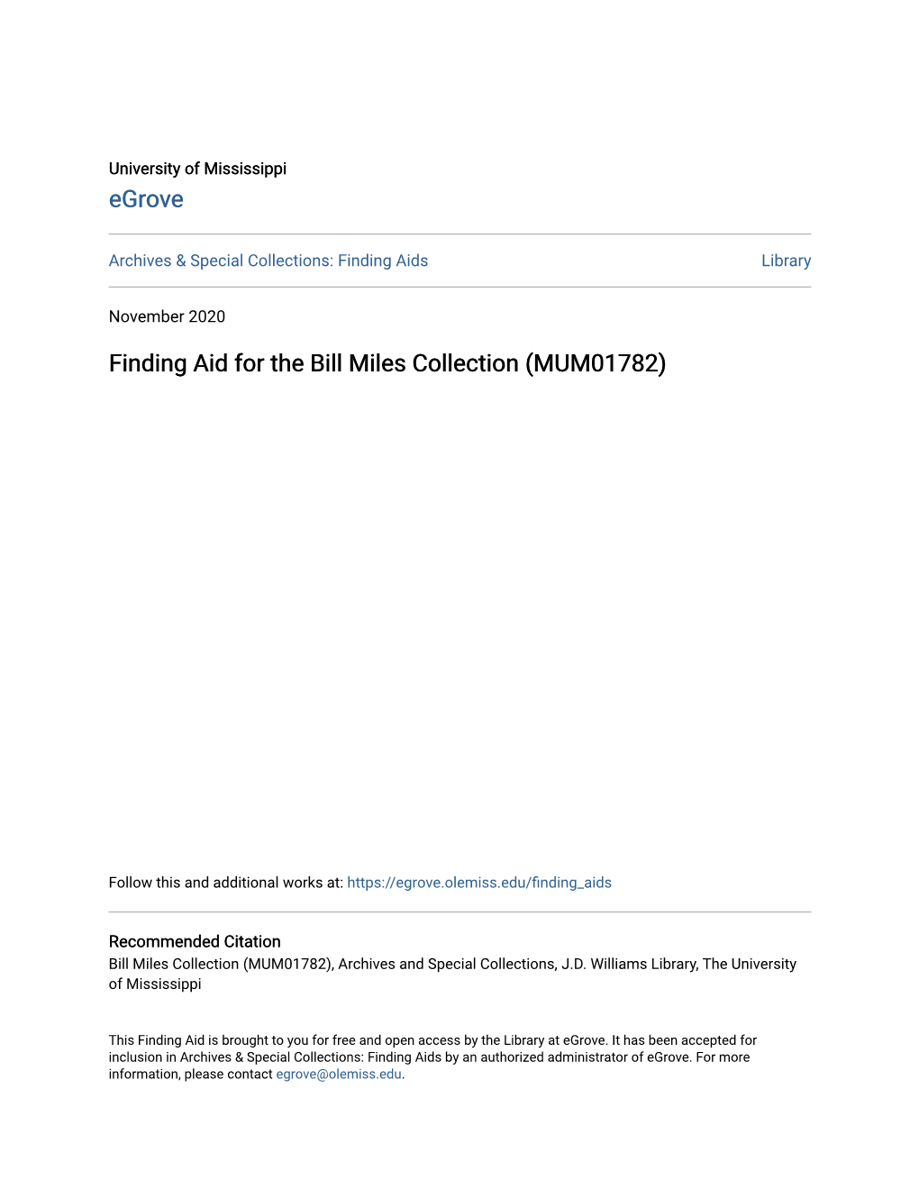 Finding Aid for the Bill Miles Collection (MUM01782)