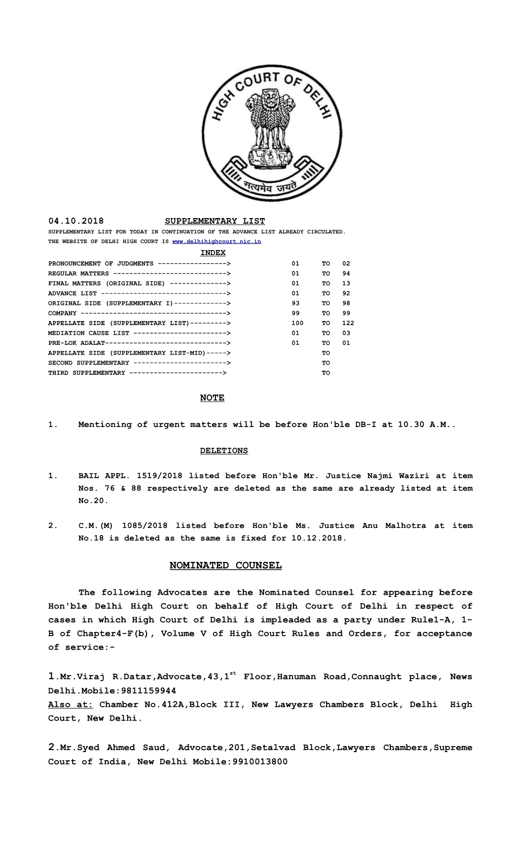 04.10.2018 Supplementary List Supplementary List for Today in Continuation of the Advance List Already Circulated