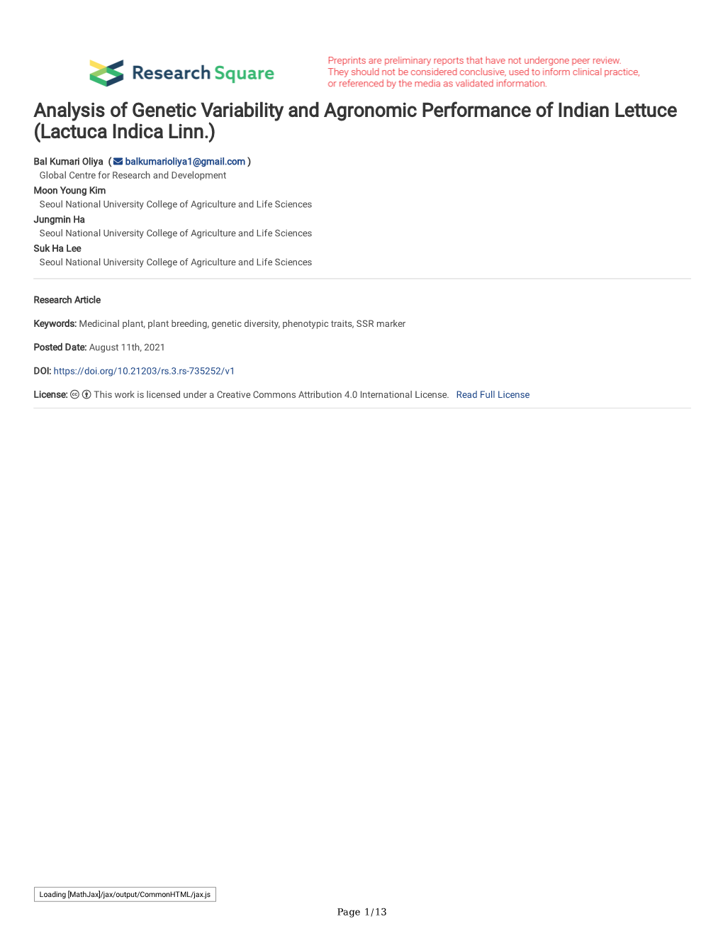 Analysis of Genetic Variability and Agronomic Performance of Indian Lettuce (Lactuca Indica Linn.)