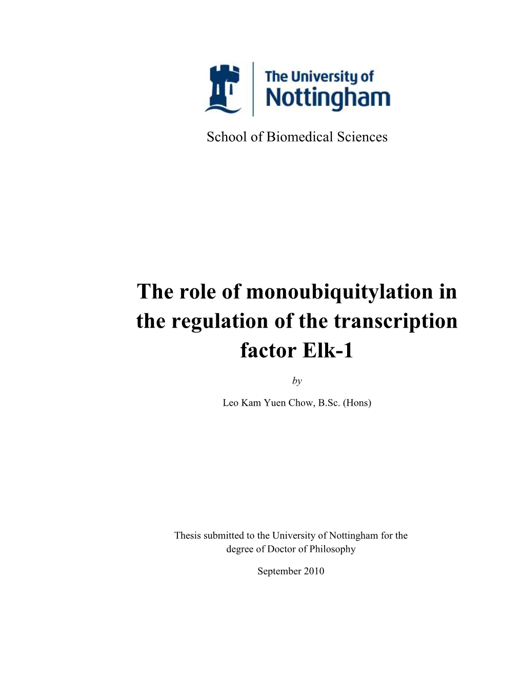 The Role of Monoubiquitylation in the Regulation of the Transcription Factor Elk-1