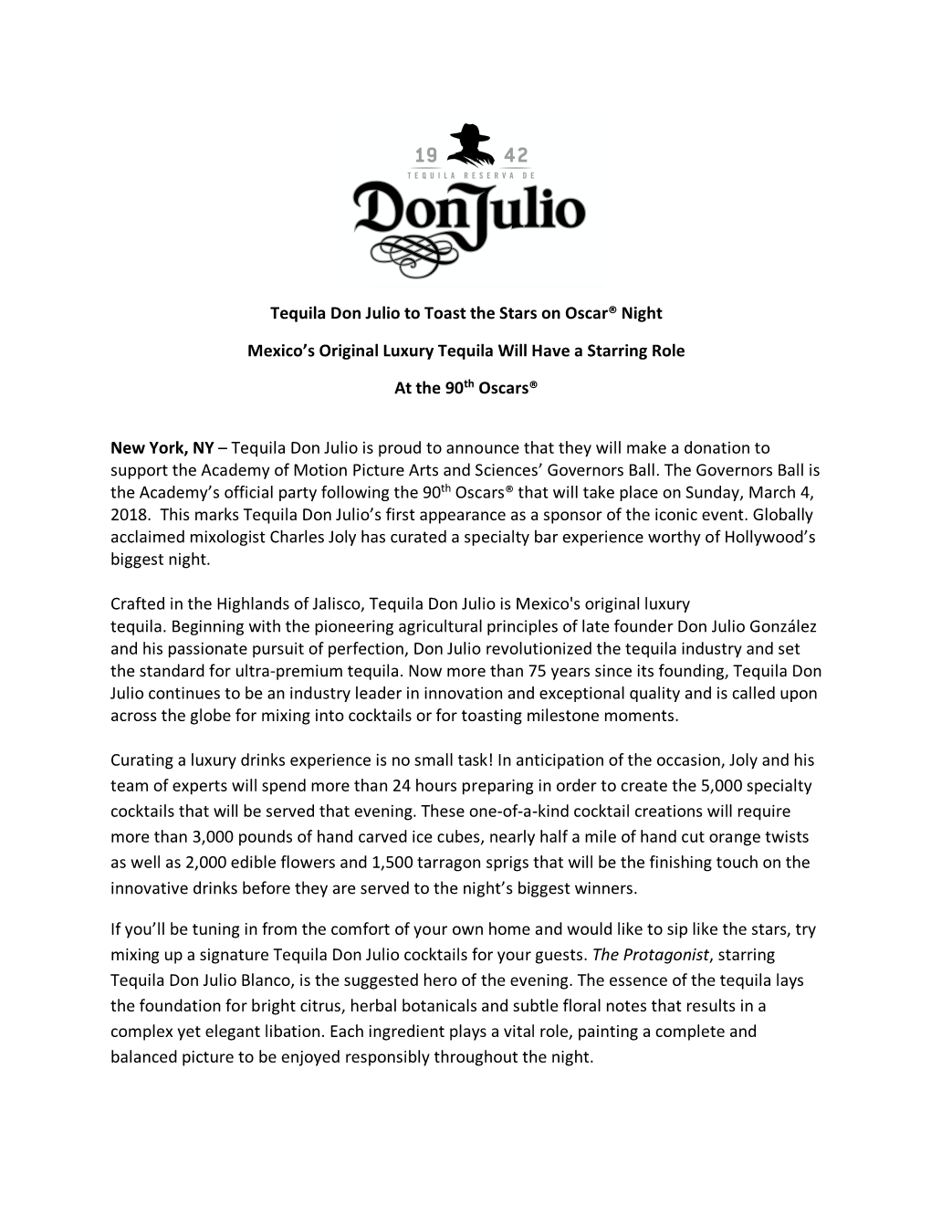 Tequila Don Julio to Toast the Stars on Oscar® Night Mexico's Original