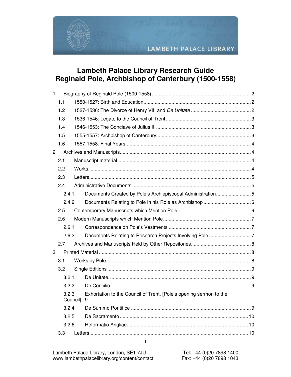 Lambeth Palace Library Research Guide Reginald Pole, Archbishop of Canterbury (1500-1558)