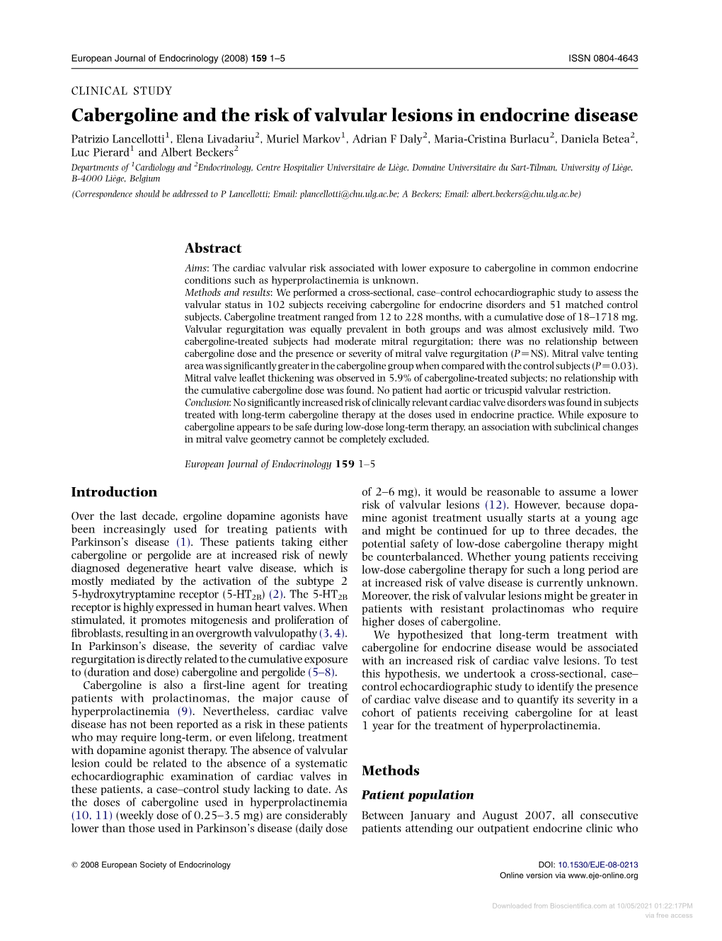 Cabergoline and the Risk of Valvular Lesions in Endocrine Disease