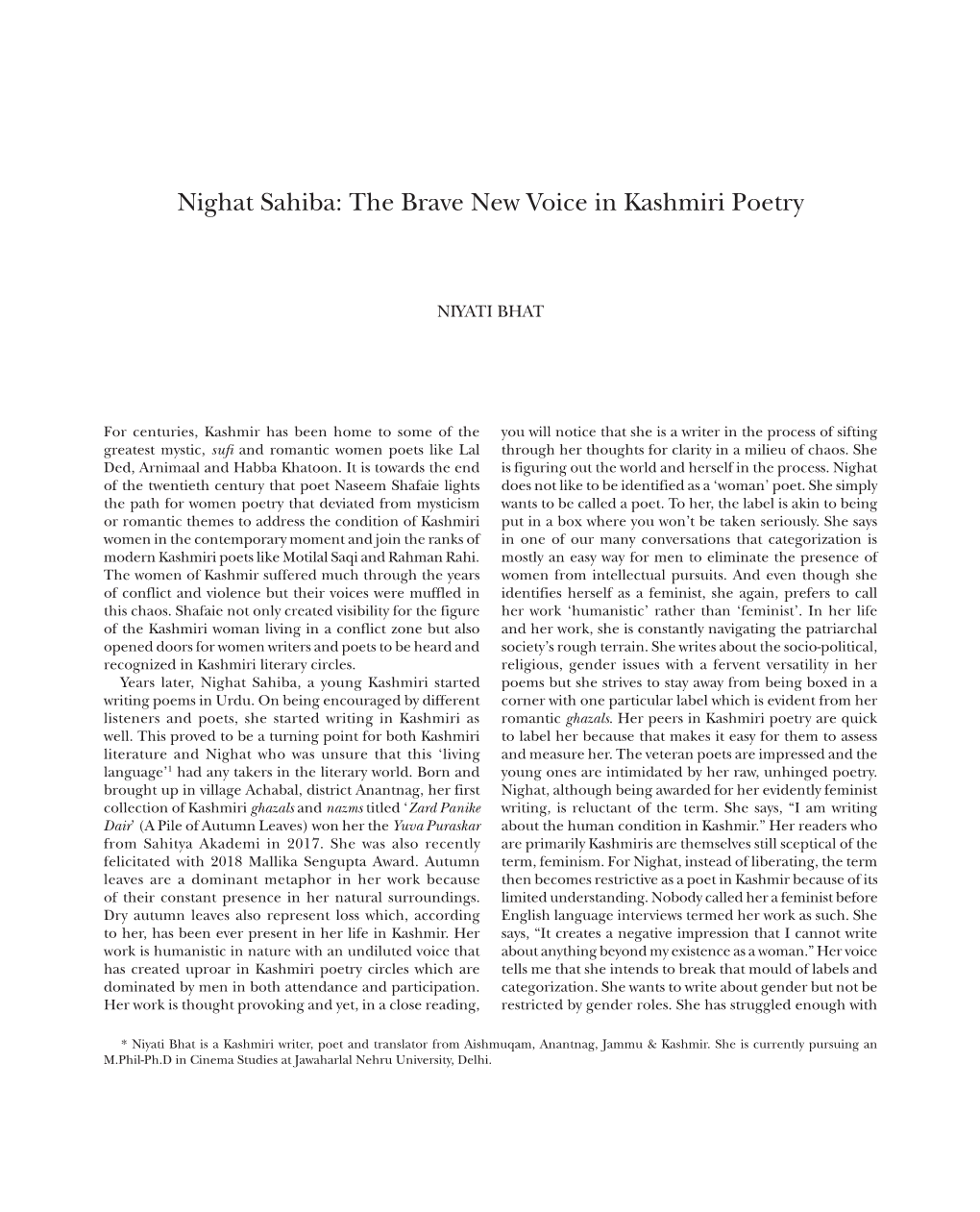 Nighat Sahiba: the Brave New Voice in Kashmiri Poetry