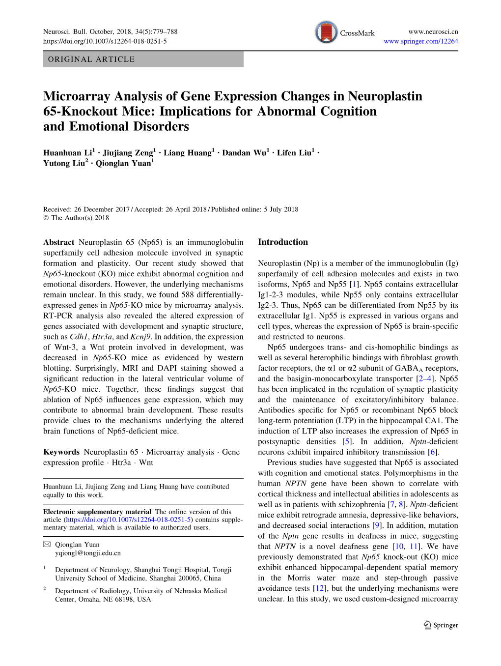 Microarray Analysis of Gene Expression Changes in Neuroplastin 65-Knockout Mice: Implications for Abnormal Cognition and Emotional Disorders