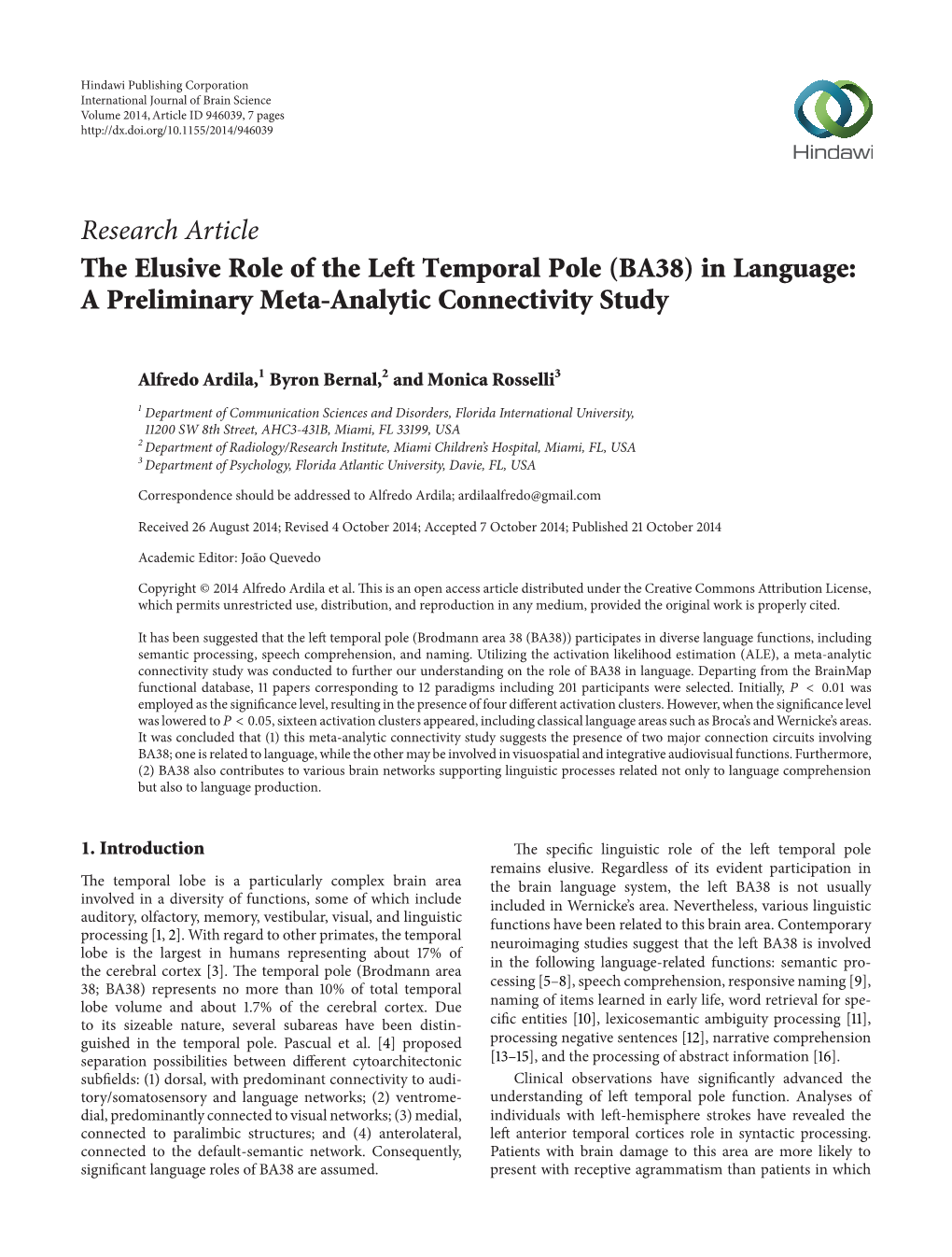 2014 Ardila Et Al. the Elusive Role of the Left Temporal Pole (BA38)