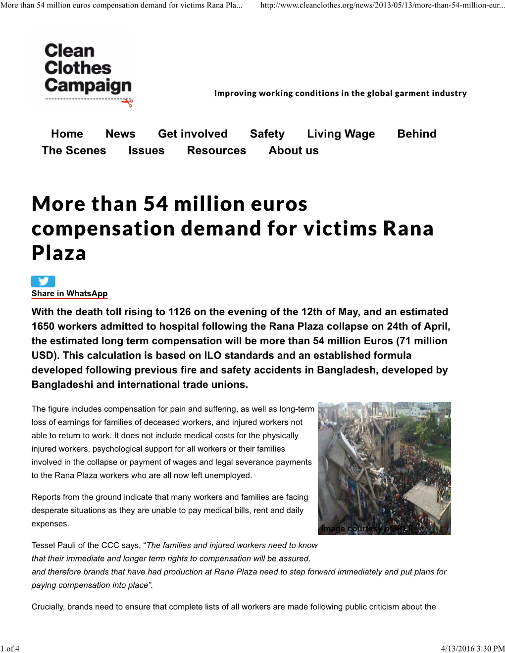 More Than 54 Million Euros Compensation Demand for Victims Rana Plaza — Clean Clothes Campaign