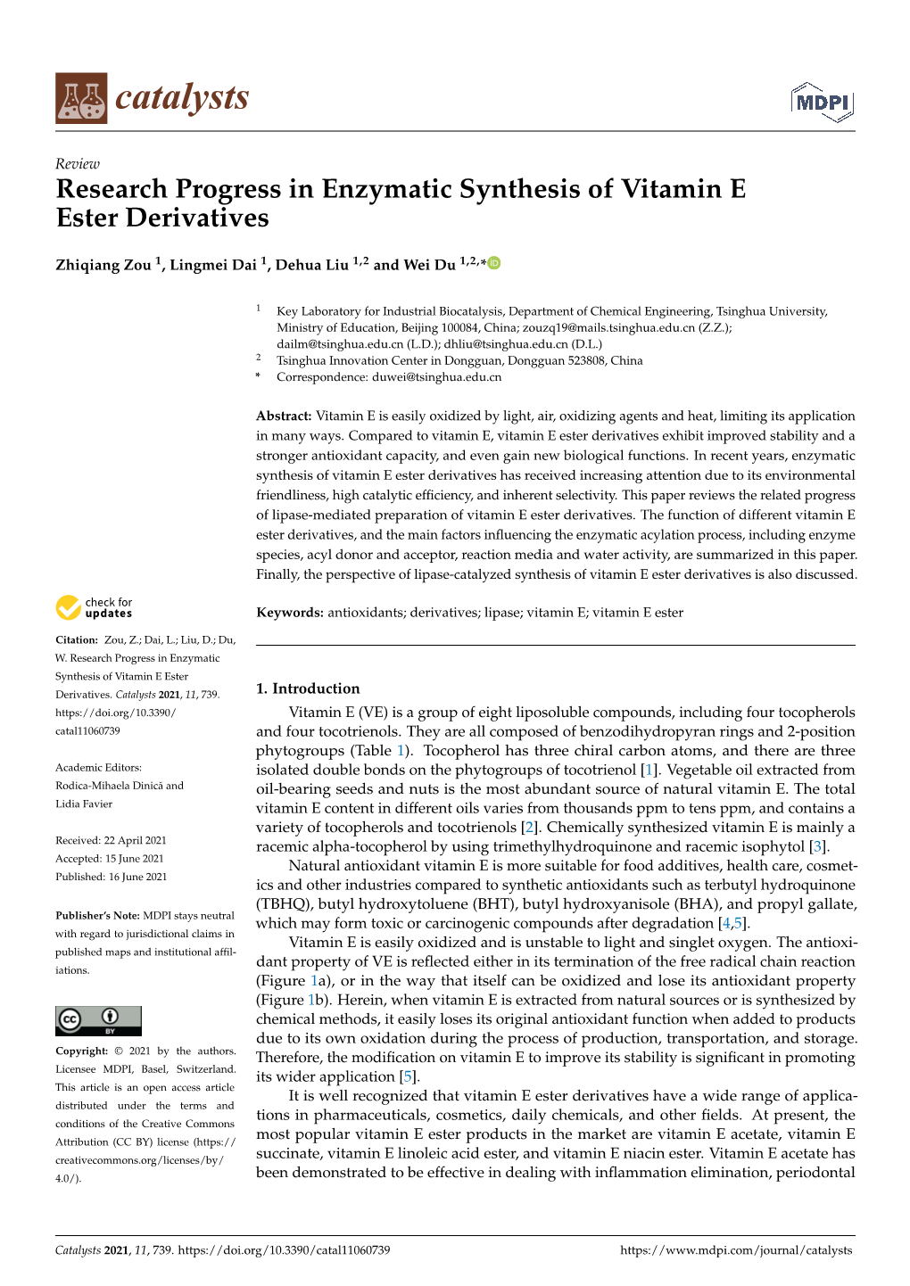 Research Progress in Enzymatic Synthesis of Vitamin E Ester Derivatives