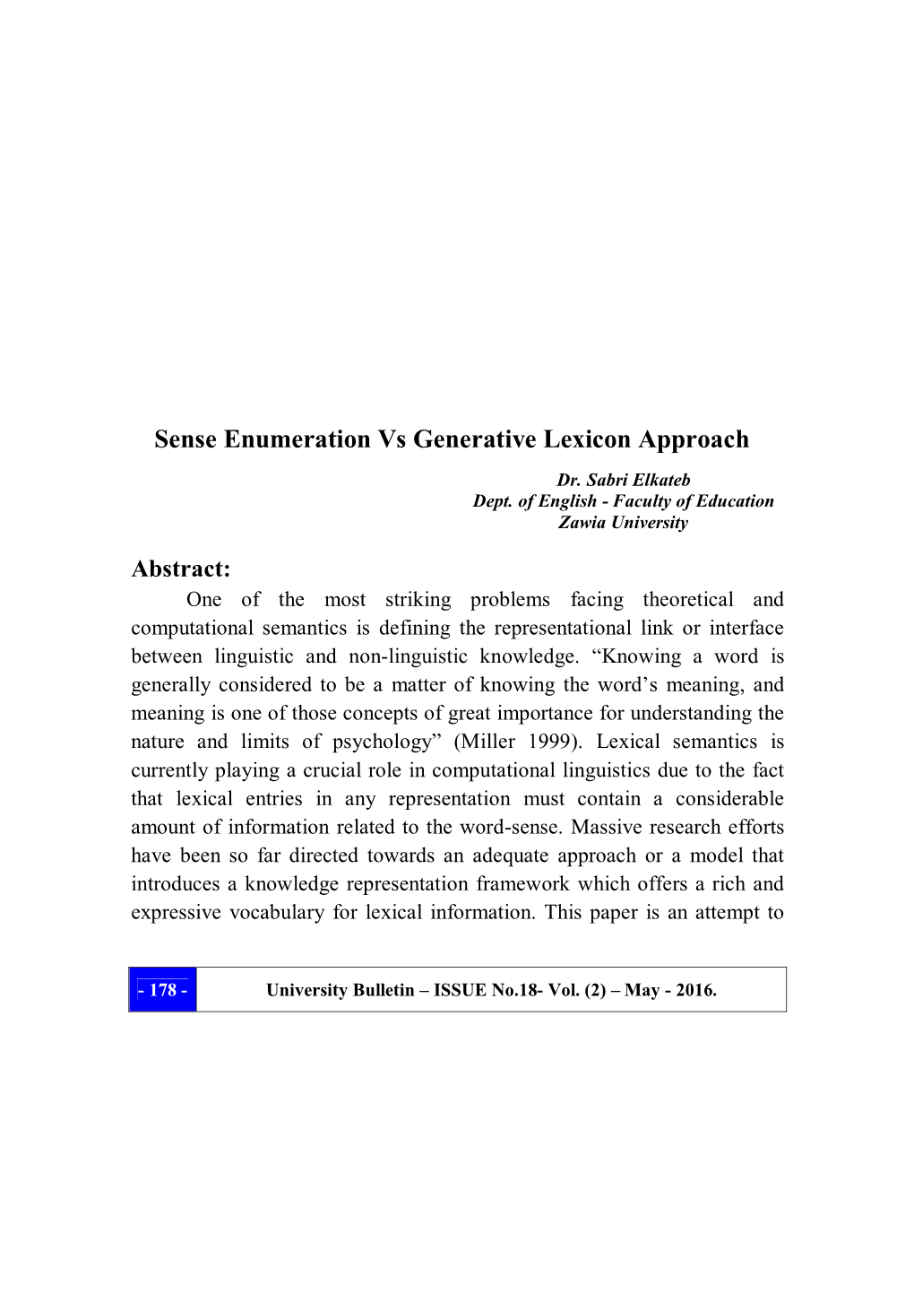 Sense Enumeration Vs Generative Lexicon Approach Dr