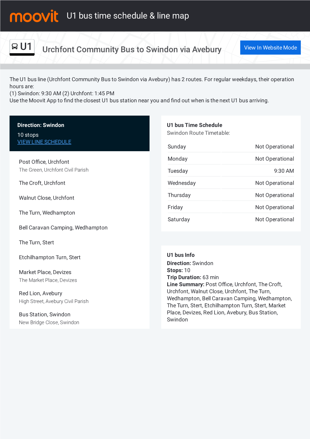 U1 Bus Time Schedule & Line Route