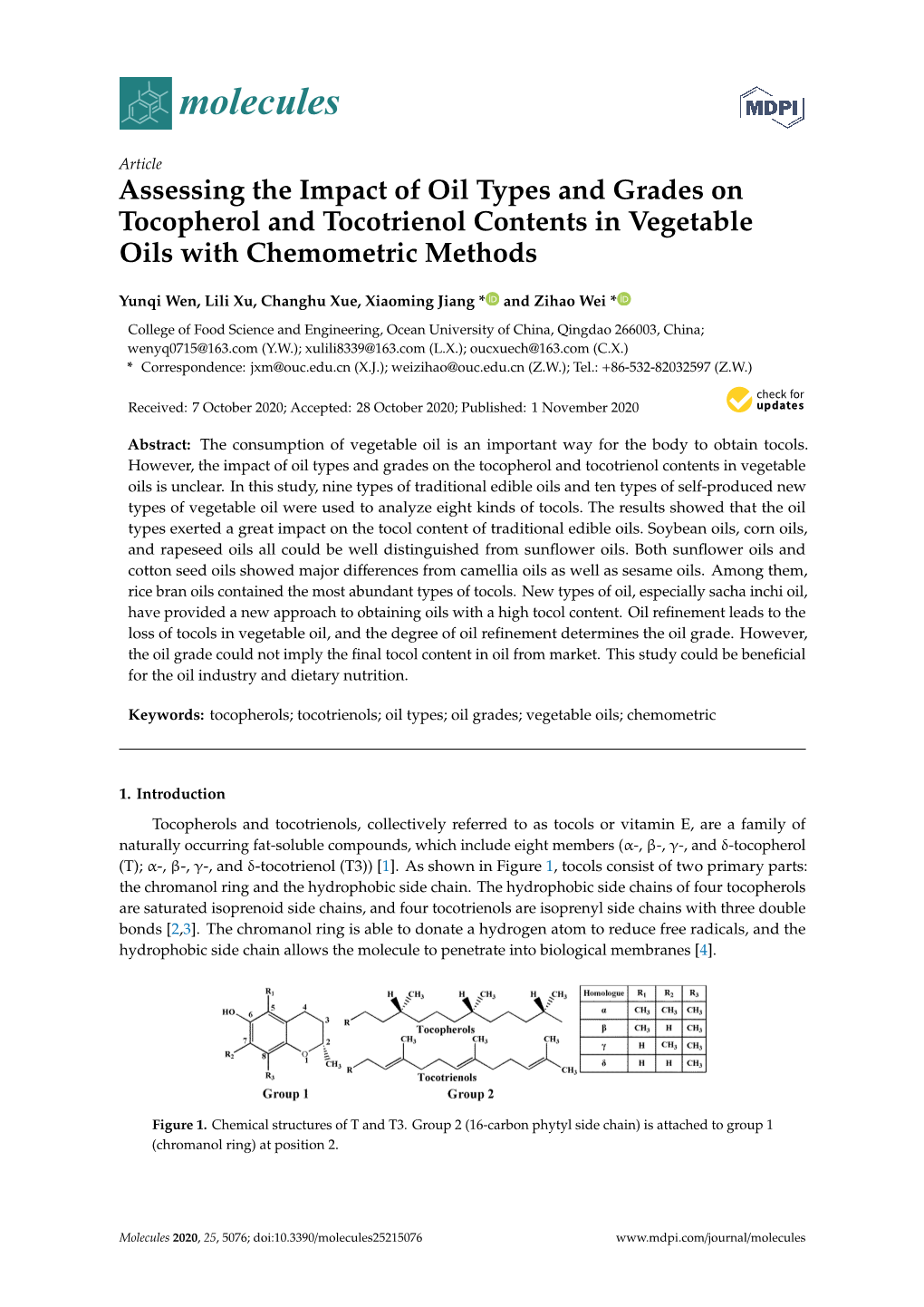 Assessing the Impact of Oil Types and Grades on Tocopherol and Tocotrienol Contents in Vegetable Oils with Chemometric Methods