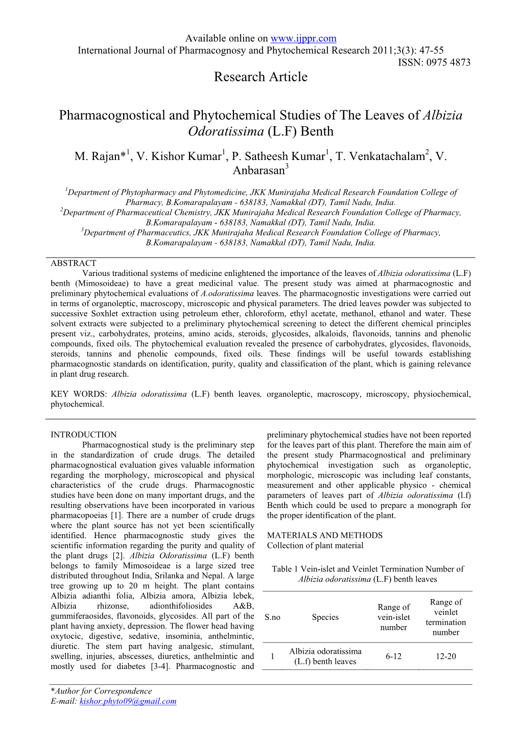 Pharmacognostical and Phytochemical Studies of the Leaves of Albizia Odoratissima (L.F) Benth