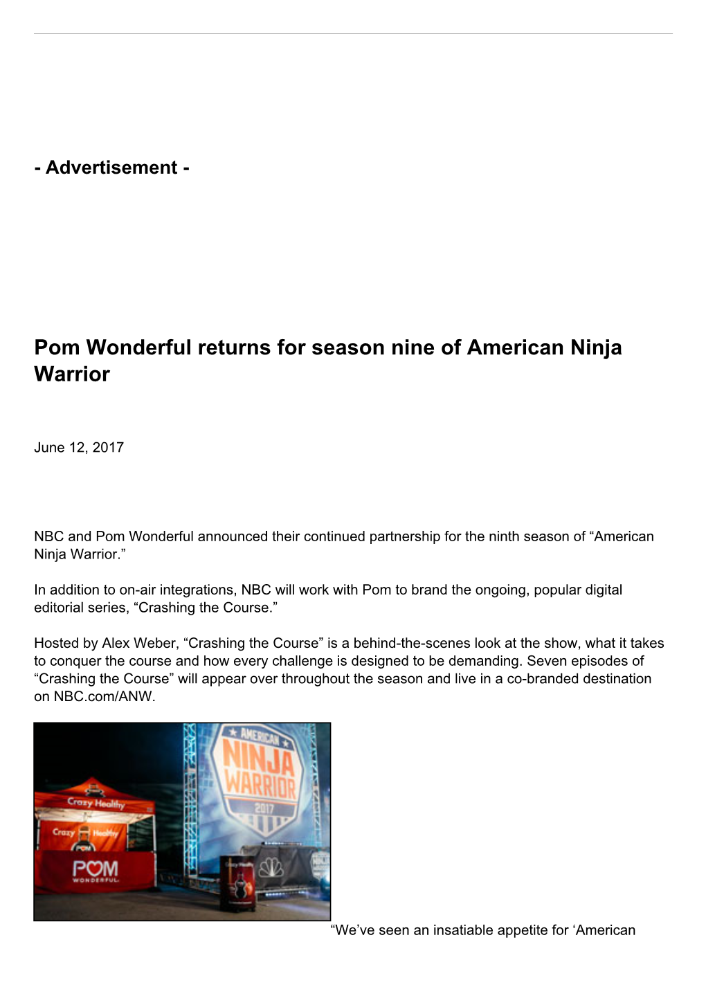 Pom Wonderful Returns for Season Nine of American Ninja Warrior