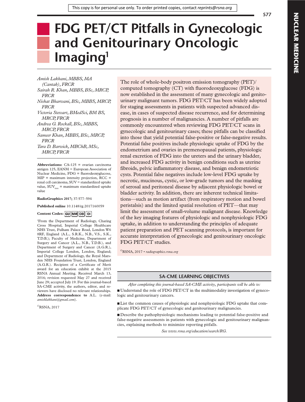 FDG PET/CT Pitfalls in Gynecologic and Genitourinary Oncologic