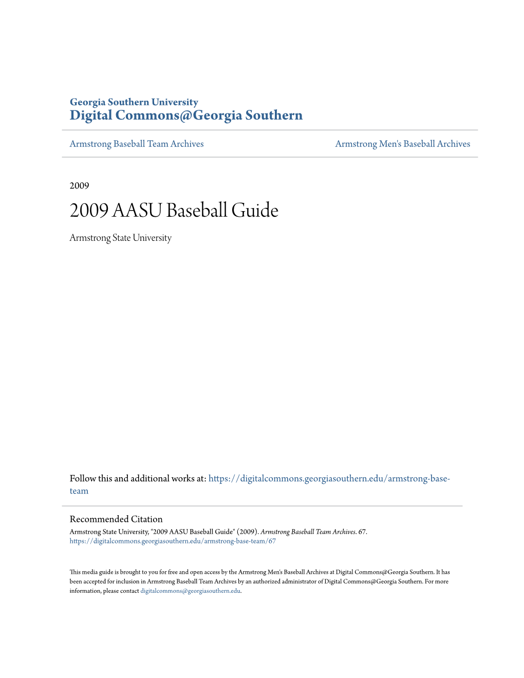 2009 AASU Baseball Guide Armstrong State University