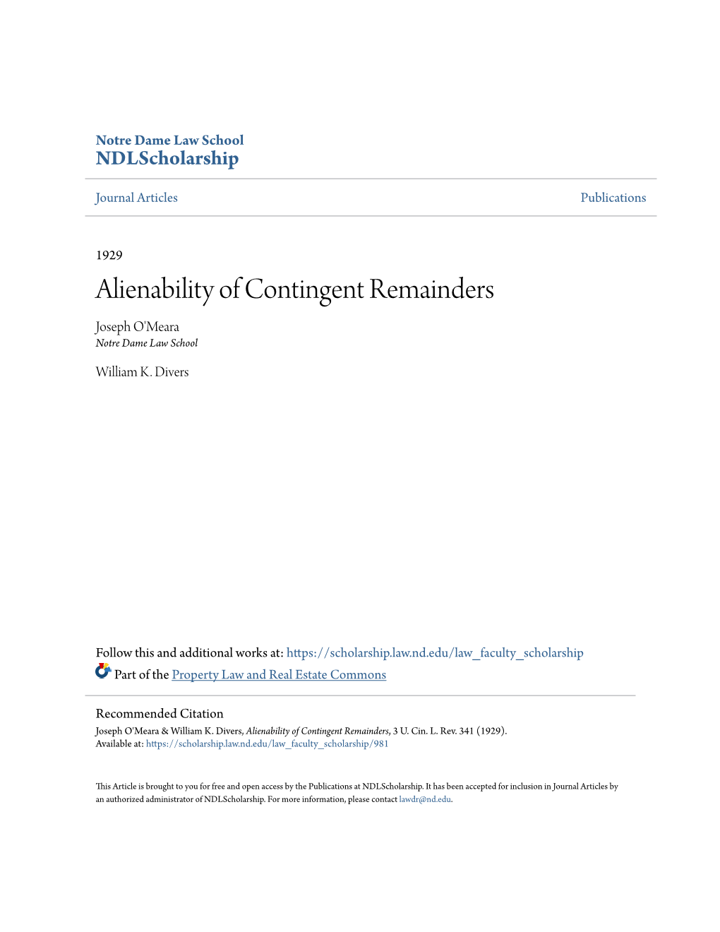 Alienability of Contingent Remainders Joseph O'meara Notre Dame Law School