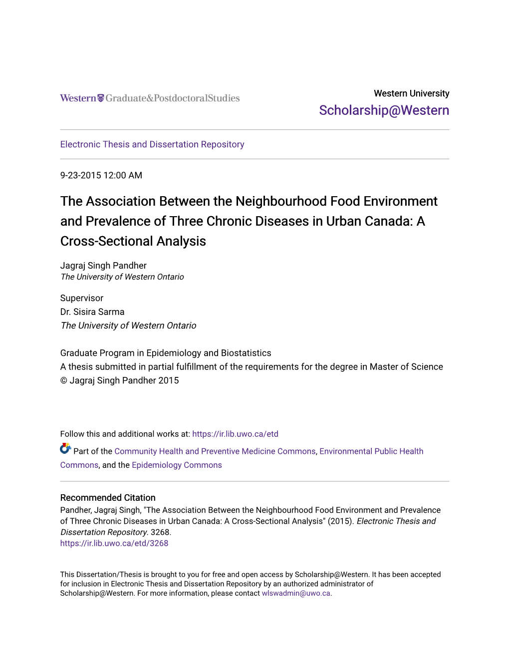 The Association Between the Neighbourhood Food Environment and Prevalence of Three Chronic Diseases in Urban Canada: a Cross-Sectional Analysis