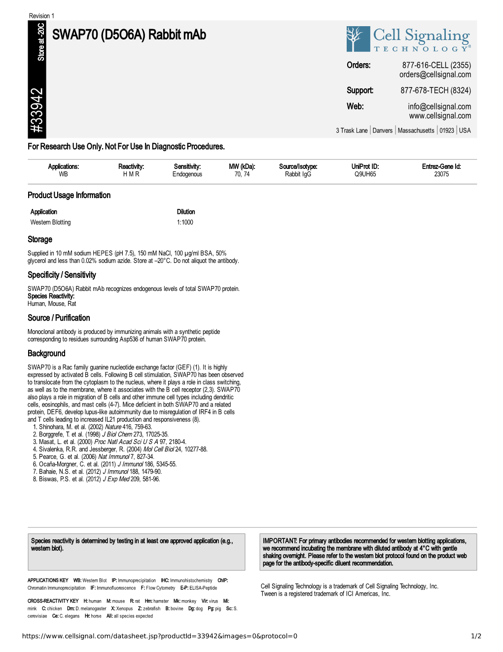 33942 SWAP70 (D5O6A) Rabbit Mab