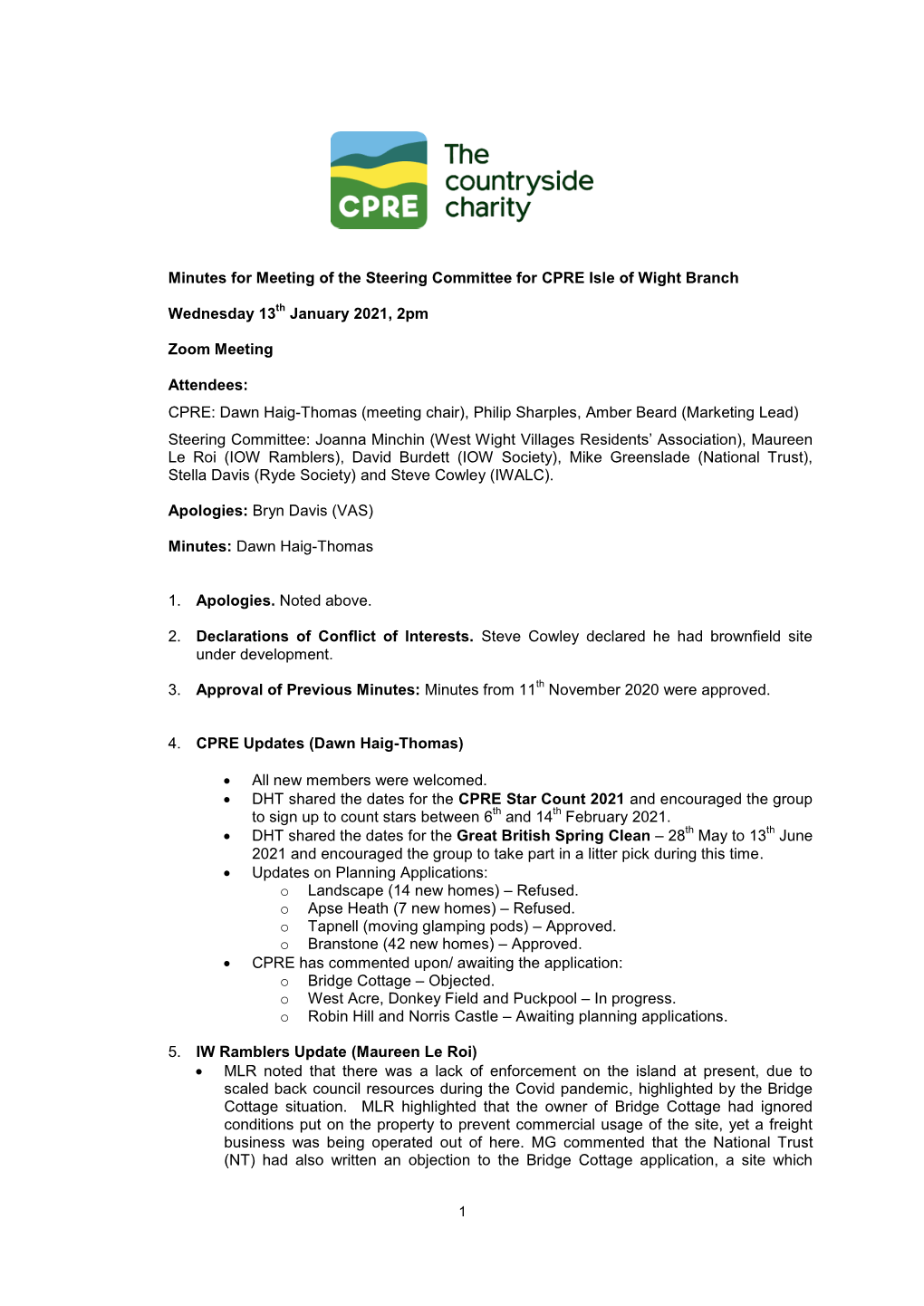 Minutes for Meeting of the Steering Committee for CPRE Isle of Wight Branch