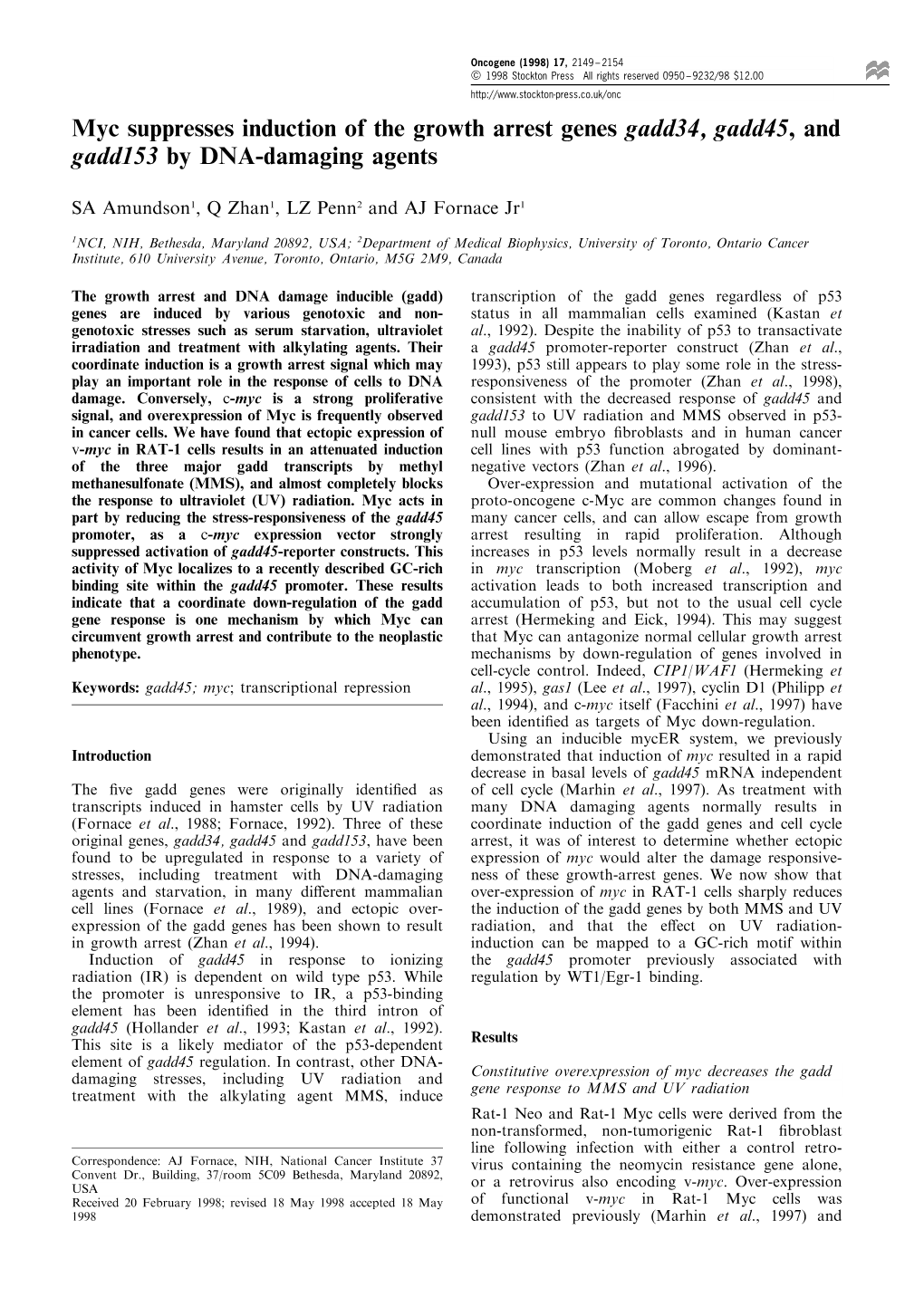 Myc Suppresses Induction of the Growth Arrest Genes Gadd34, Gadd45, and Gadd153 by DNA-Damaging Agents