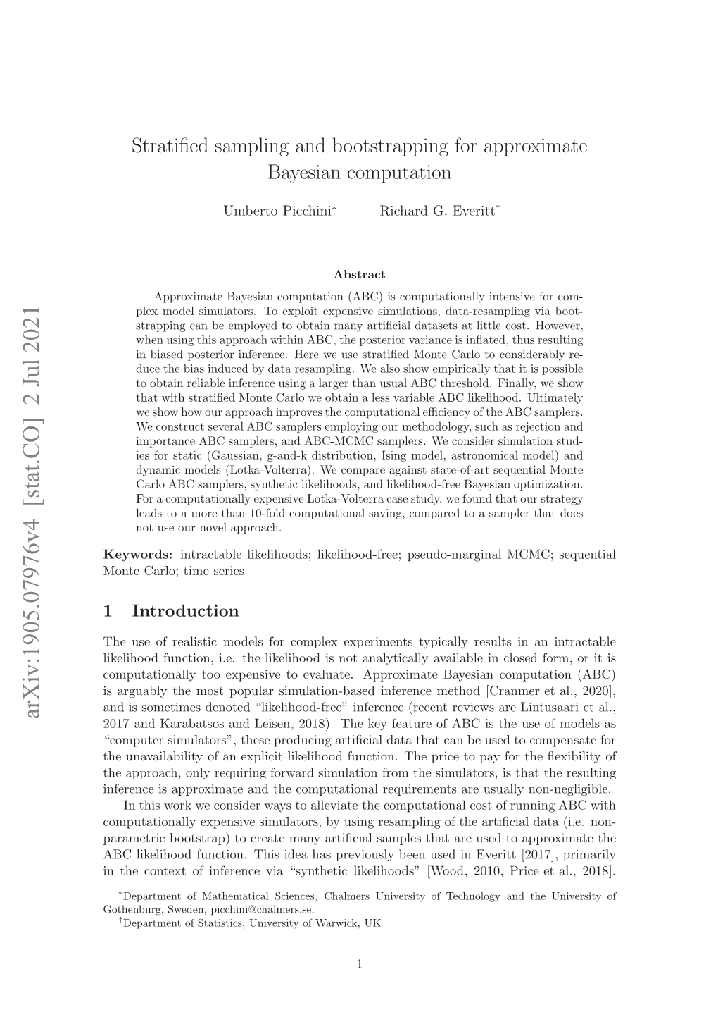 Stratified Sampling and Bootstrapping for Approximate Bayesian