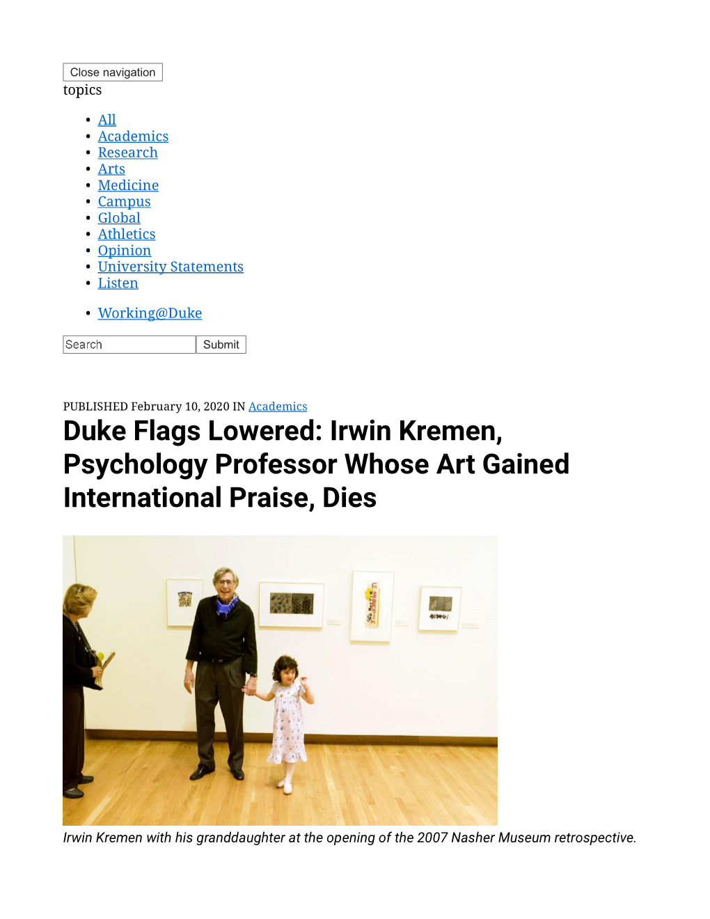 Duke Flags Lowered: Irwin Kremen, Psychology Professor Whose Art Gained International Praise, Dies