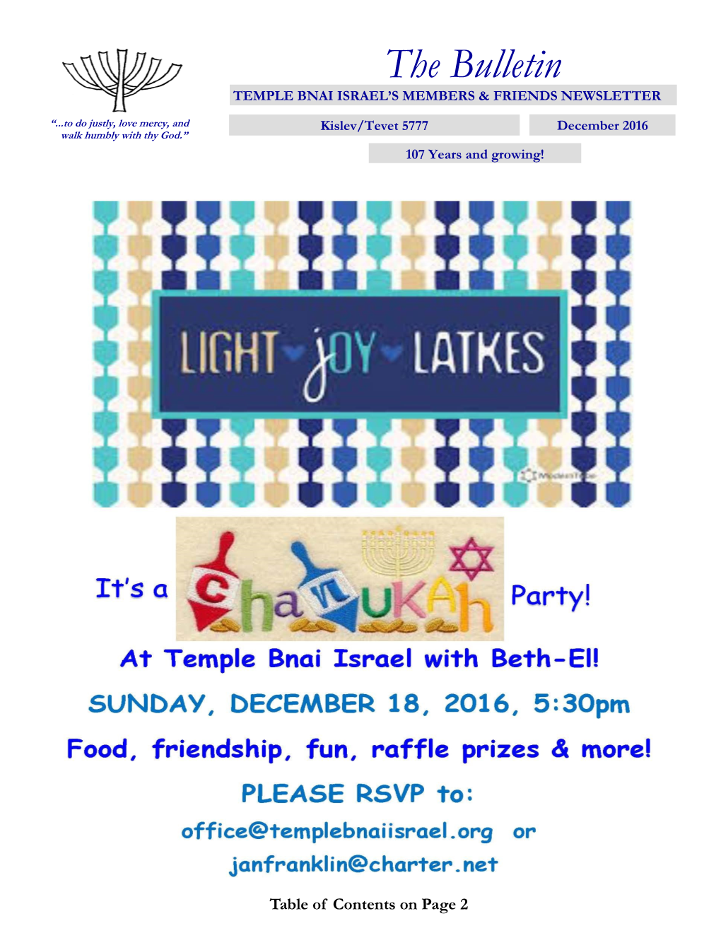 The Bulletin TEMPLE BNAI ISRAEL’S MEMBERS & FRIENDS NEWSLETTER