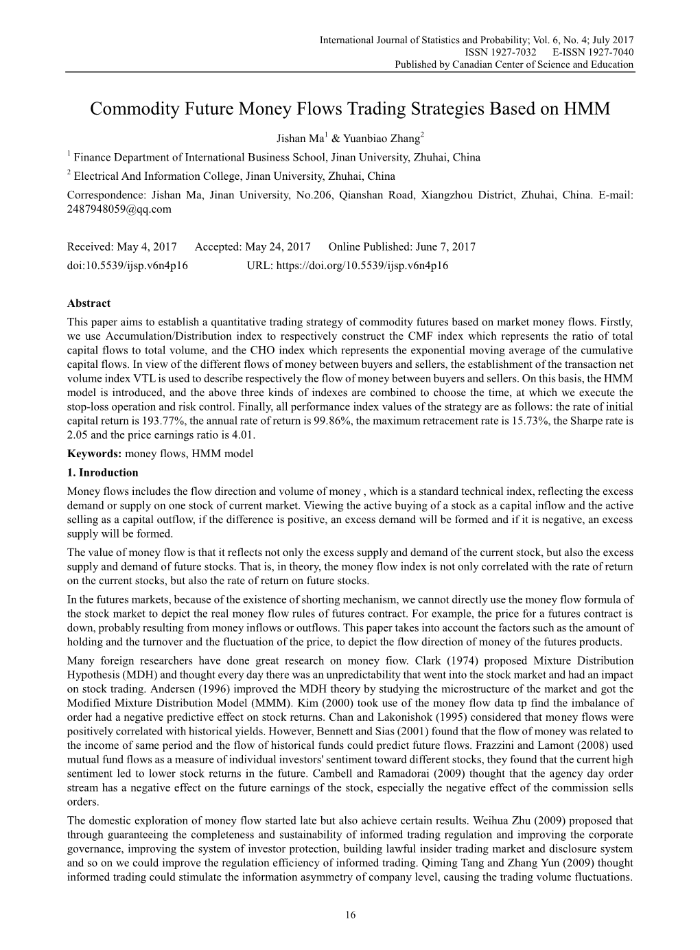 Commodity Future Money Flows Trading Strategies Based on HMM