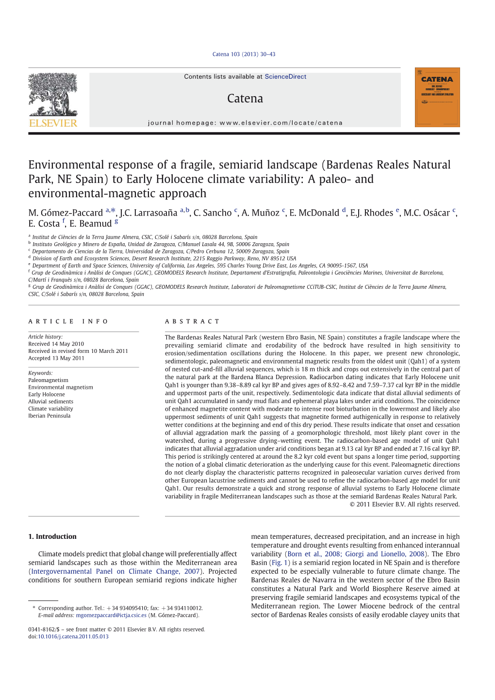 Environmental Response of a Fragile, Semiarid Landscape (Bardenas Reales Natural Park, NE Spain) to Early Holocene Climate Varia