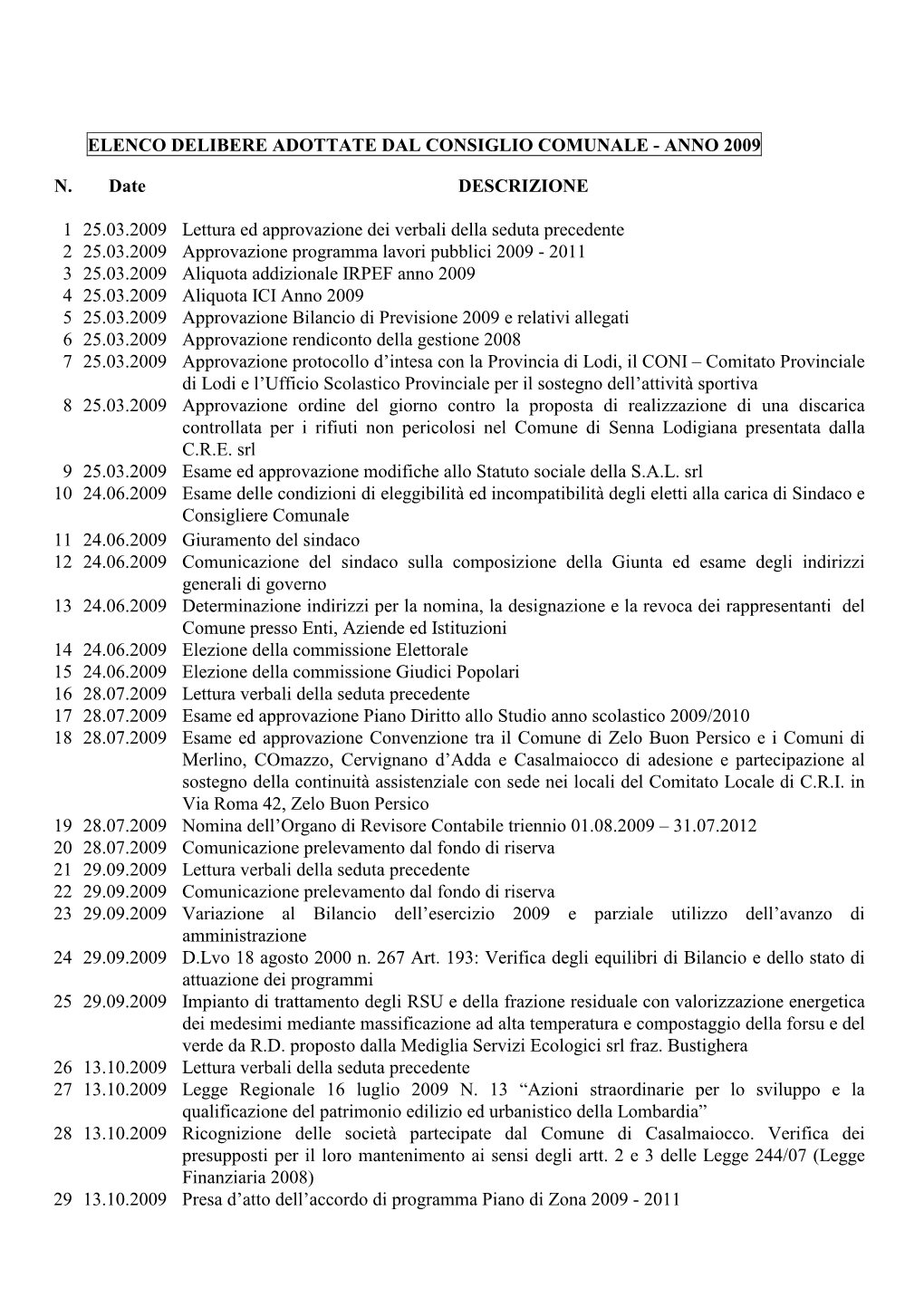 Elenco Delibere Adottate Dal Consiglio Comunale - Anno 2009