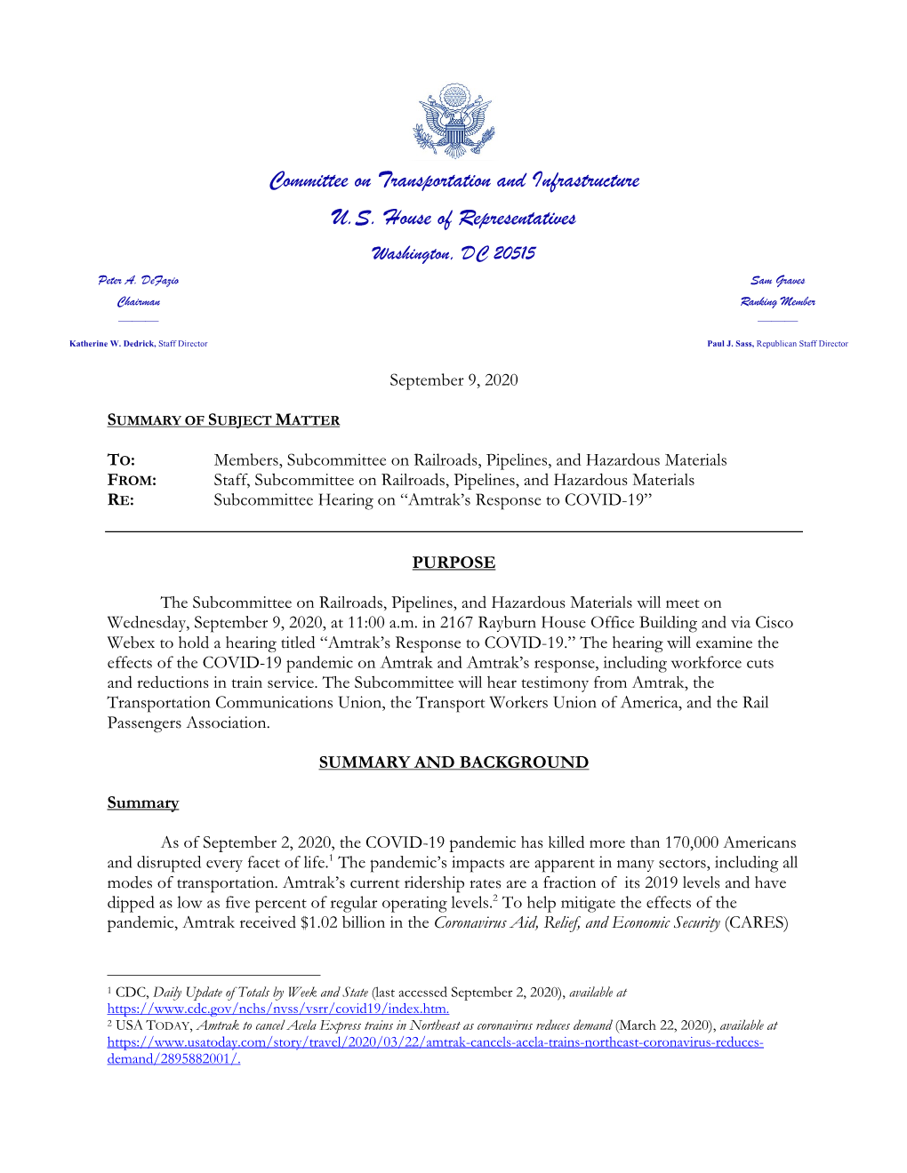 Committee on Transportation and Infrastructure U.S. House of Representatives Washington, DC 20515 Peter A