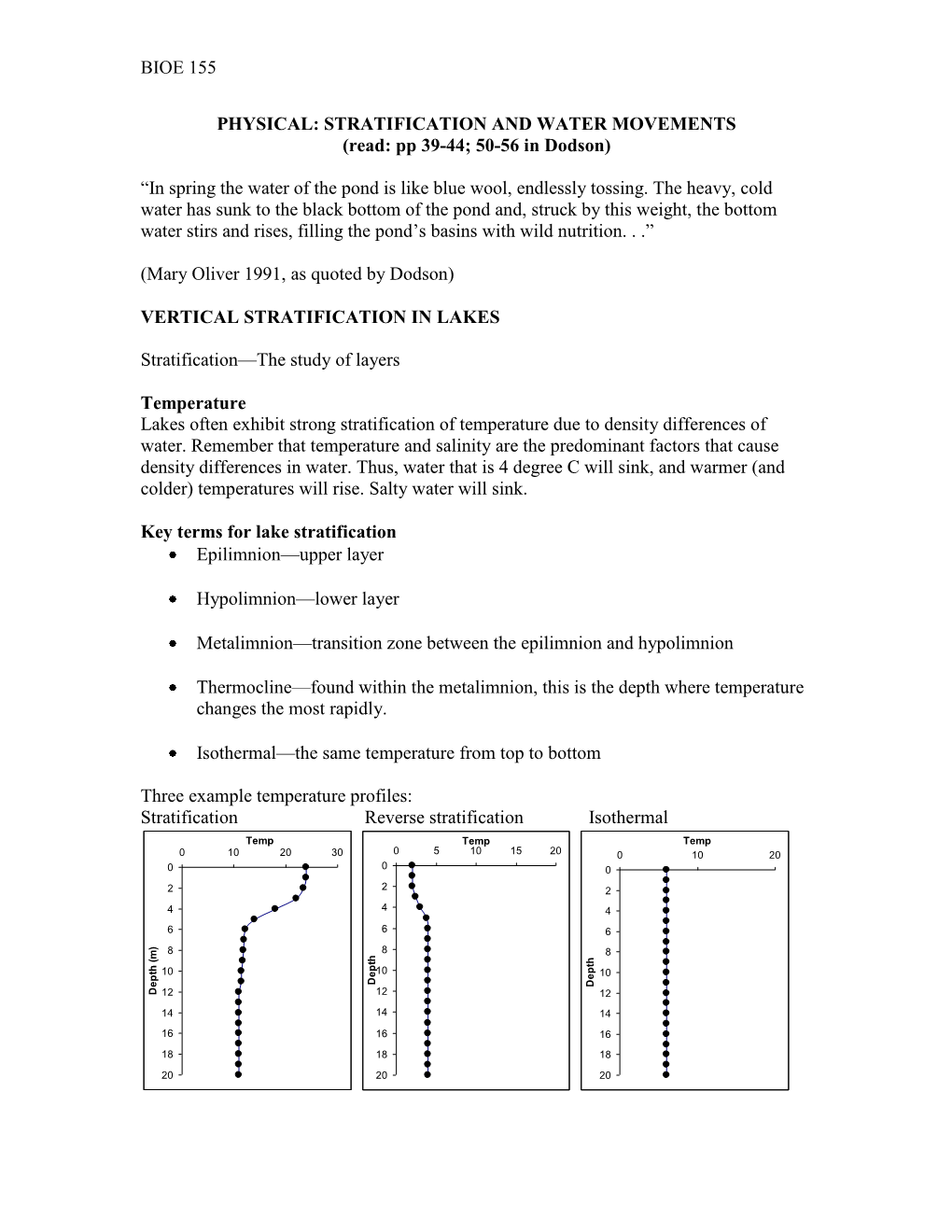 Bioe 155 Physical: Stratification and Water Movements