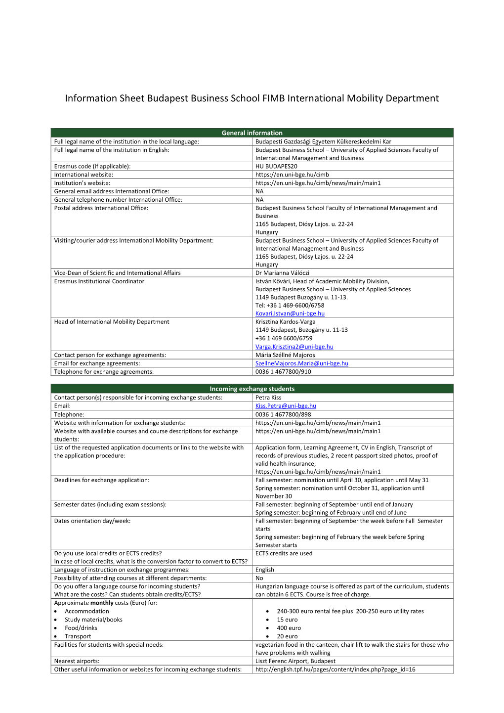 Information Sheet Budapest Business School FIMB International Mobility Department