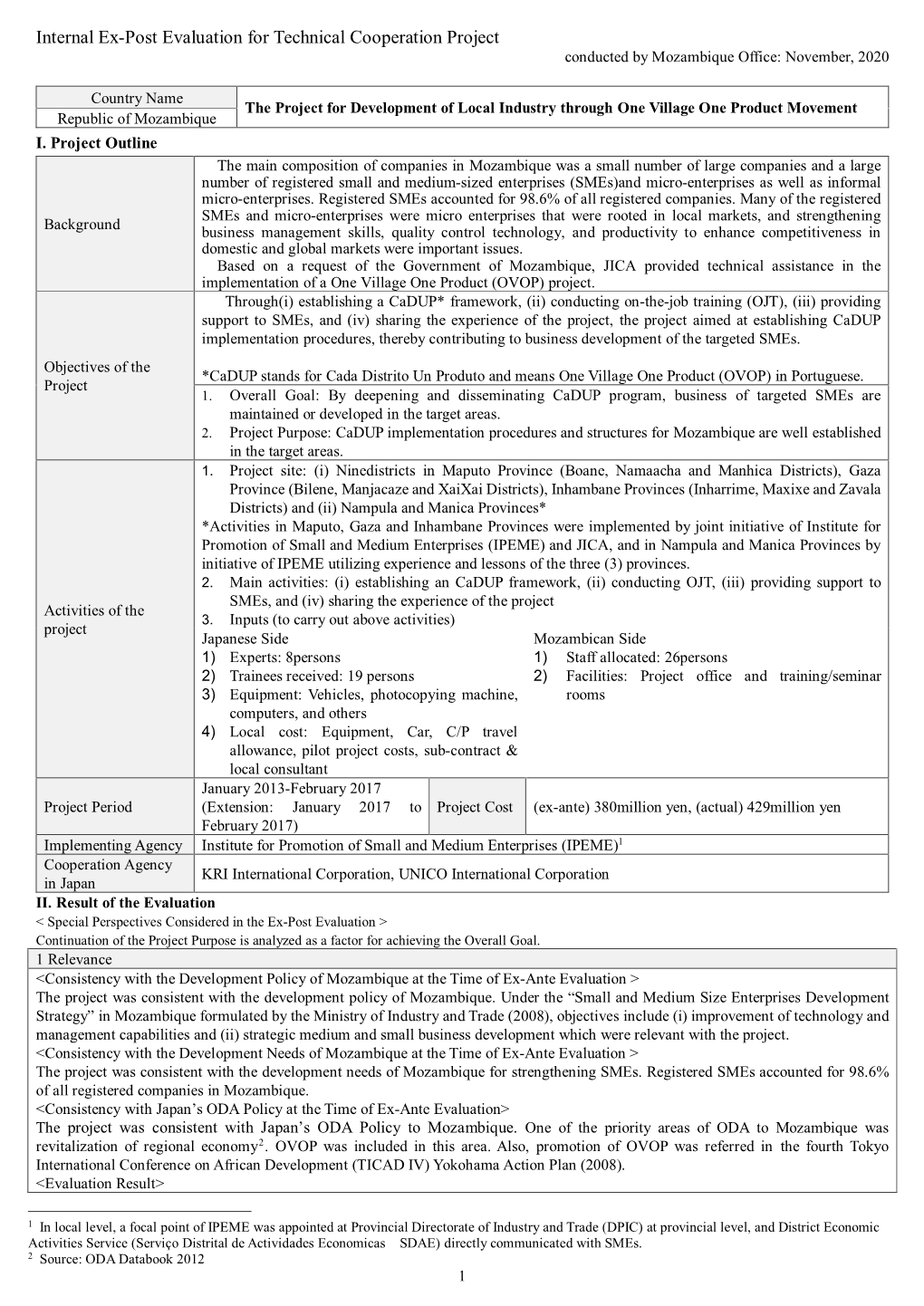 Internal Ex-Post Evaluation for Technical Cooperation Project Conducted by Mozambique Office: November, 2020