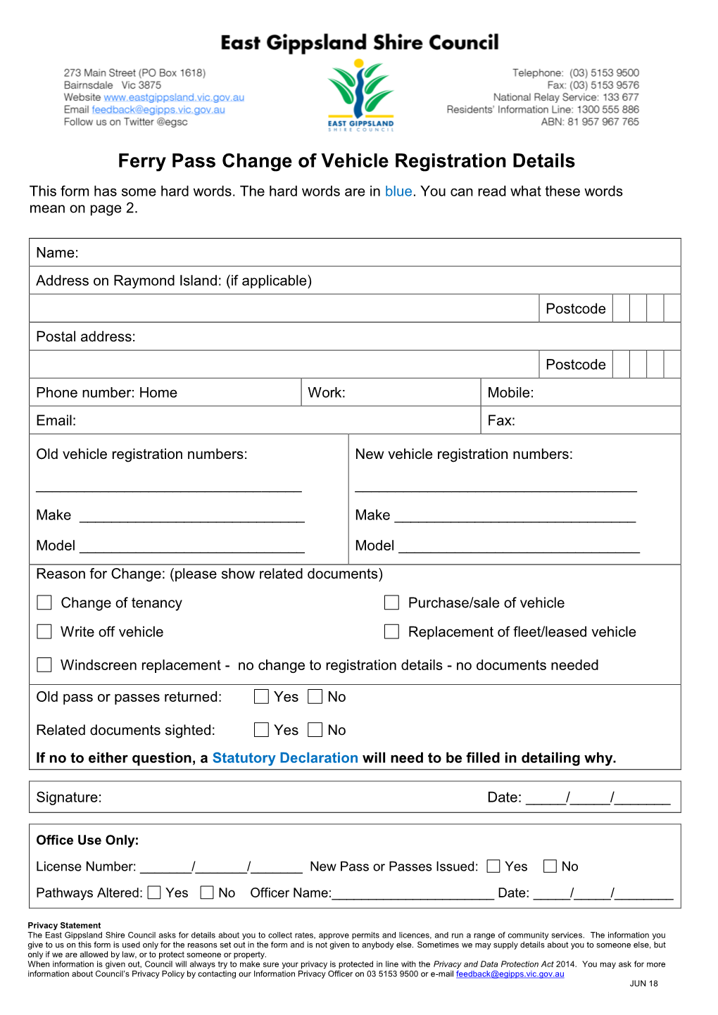 Raymond Island Ferry Pass – Change of Vehicle