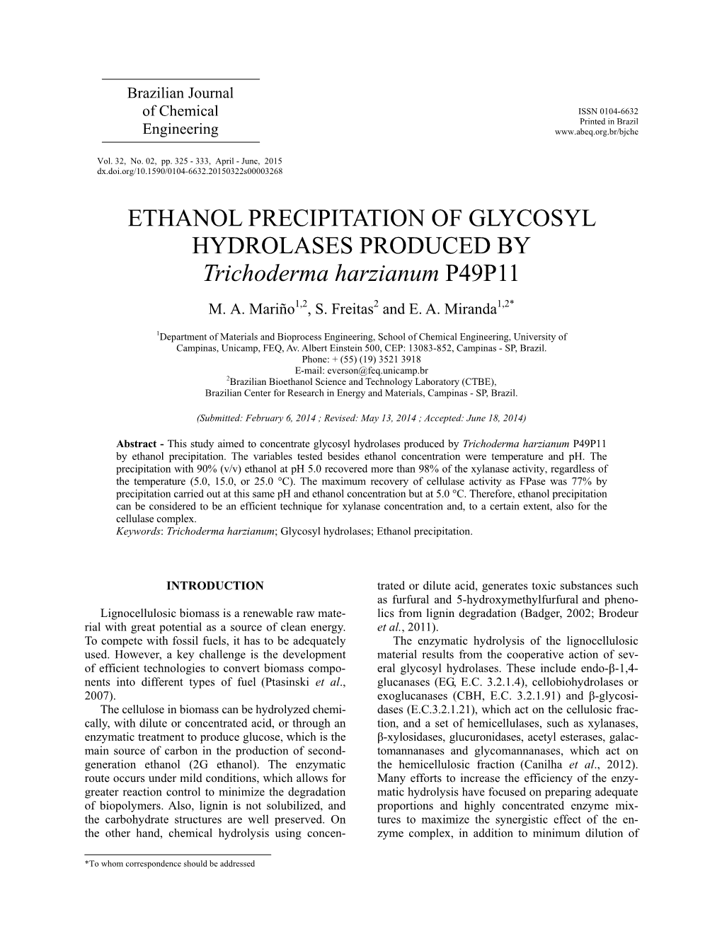 ETHANOL PRECIPITATION of GLYCOSYL HYDROLASES PRODUCED by Trichoderma Harzianum P49P11