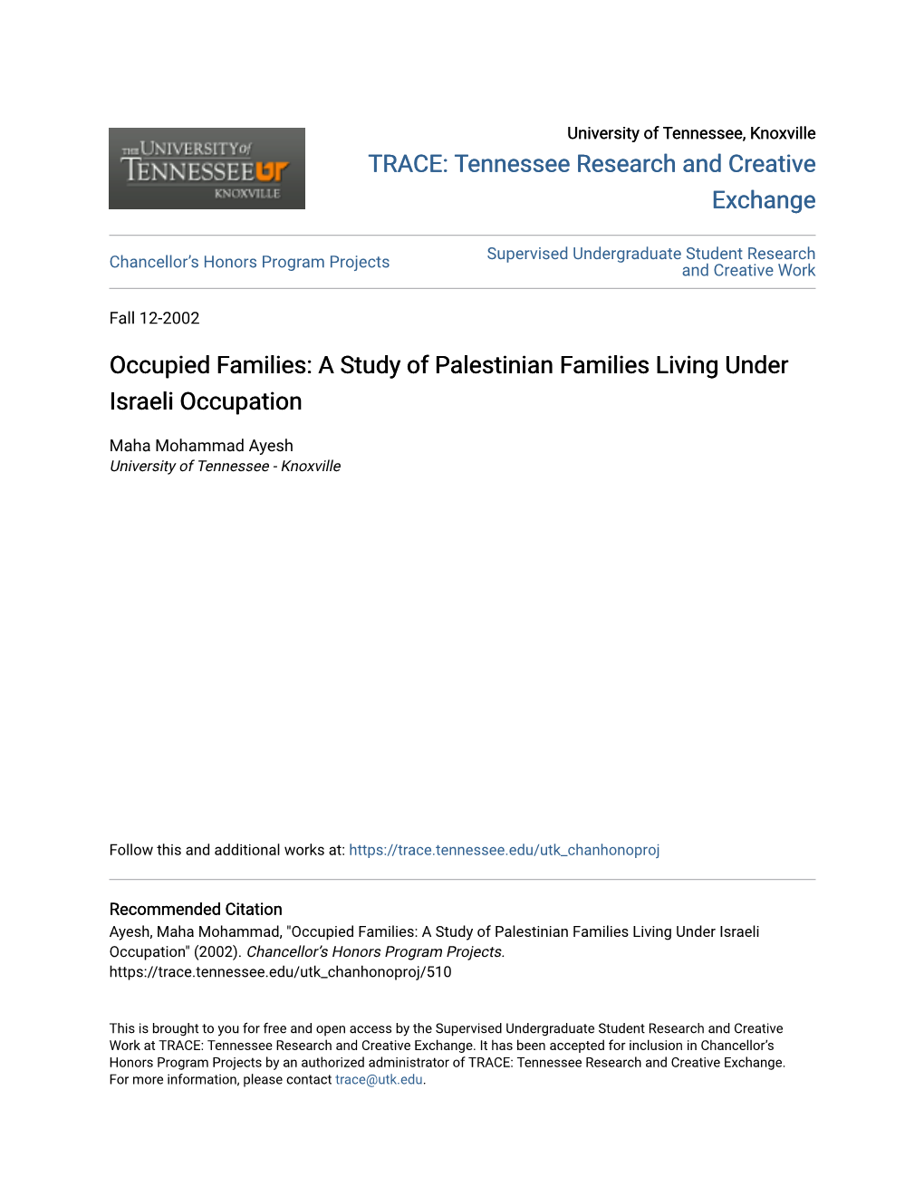 A Study of Palestinian Families Living Under Israeli Occupation