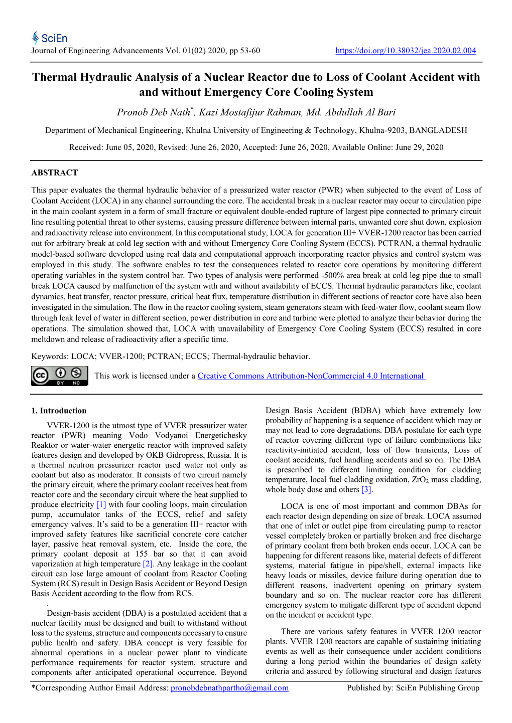 Thermal Hydraulic Analysis of a Nuclear Reactor Due to Loss of Coolant Accident with and Without Emergency Core Cooling System