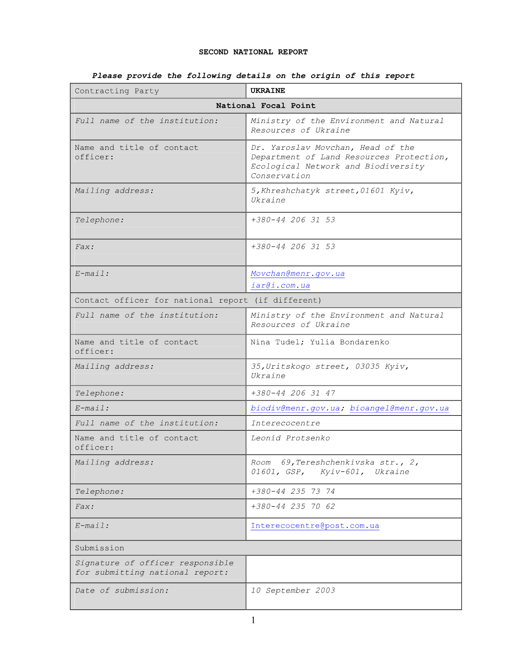 SECOND NATIONAL REPORT Please Provide the Following Details on The