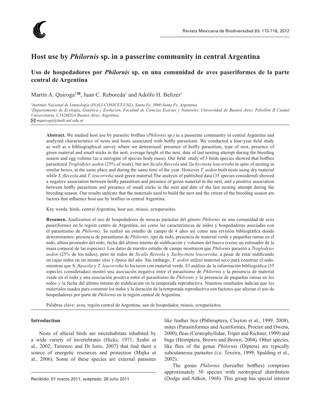 Host Use by Philornis Sp. in a Passerine Community in Central Argentina