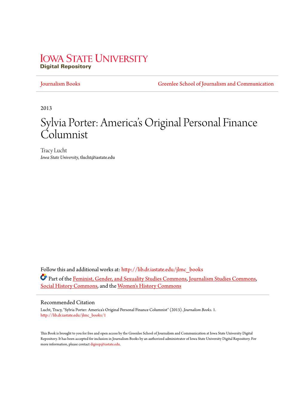 Sylvia Porter: America’S Original Personal Finance Columnist Tracy Lucht Iowa State University, Tlucht@Iastate.Edu