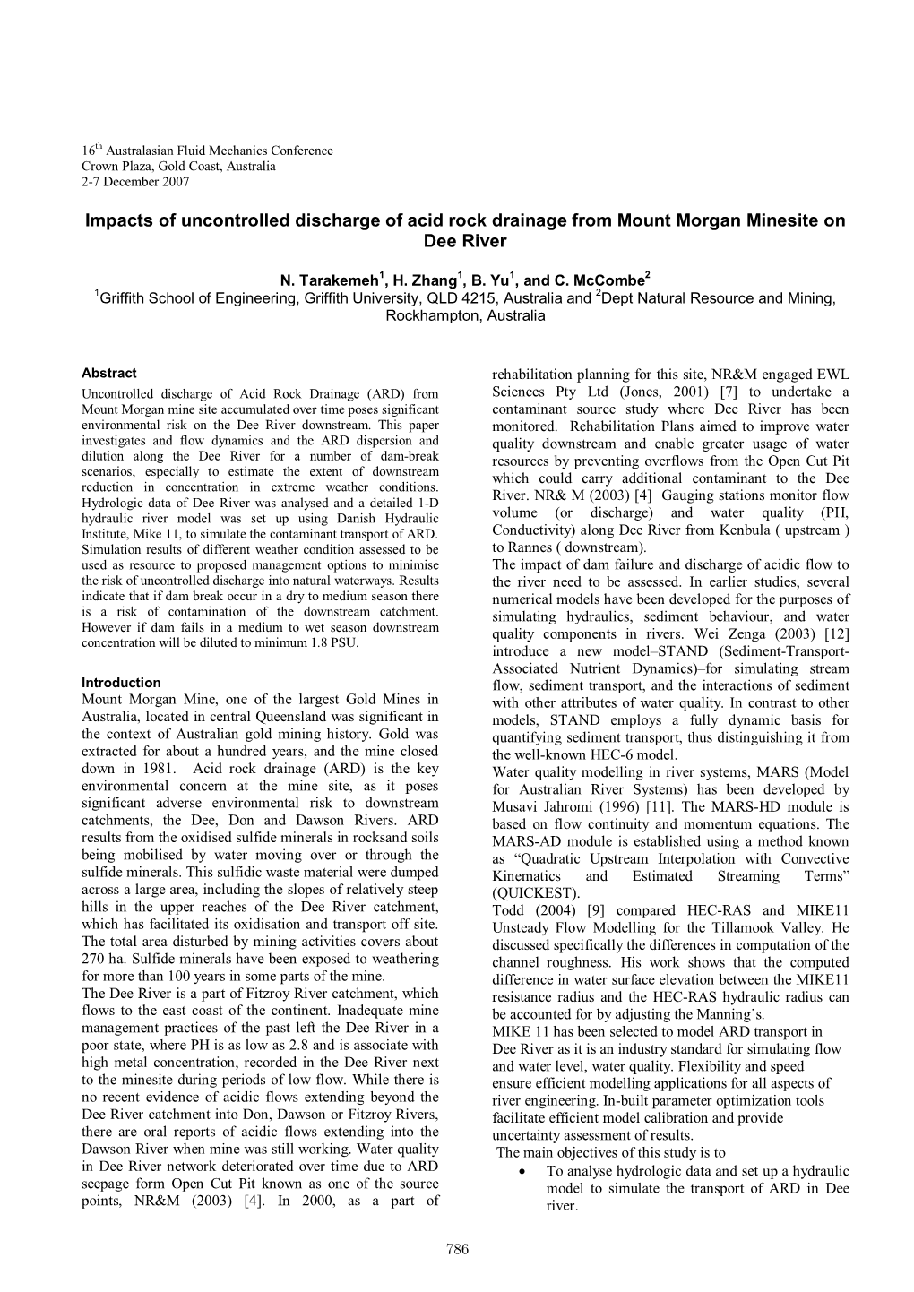 Impacts of Uncontrolled Discharge of Acid Rock Drainage from Mount Morgan Minesite on Dee River