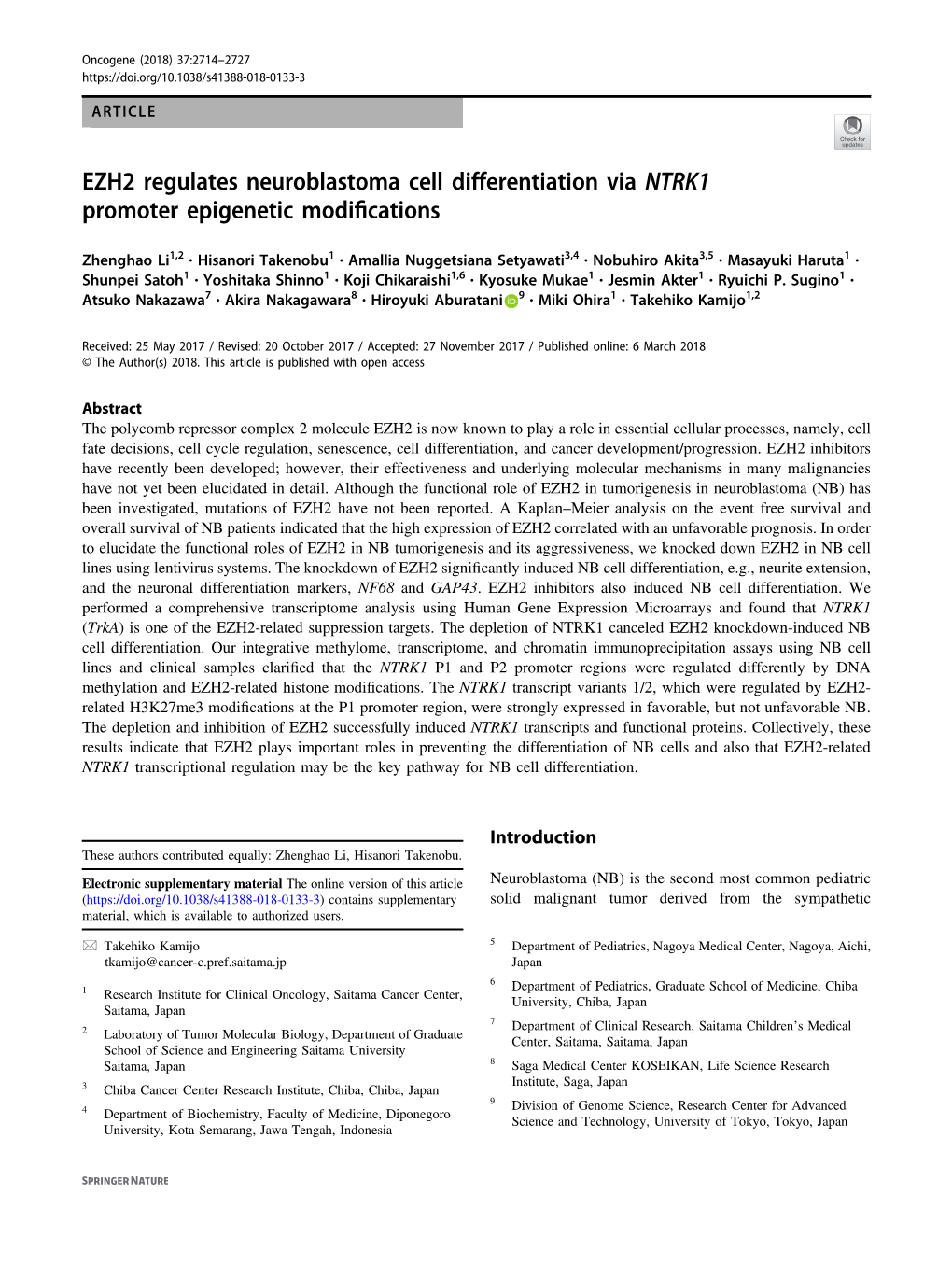 EZH2 Regulates Neuroblastoma Cell Differentiation Via NTRK1 Promoter Epigenetic Modiﬁcations