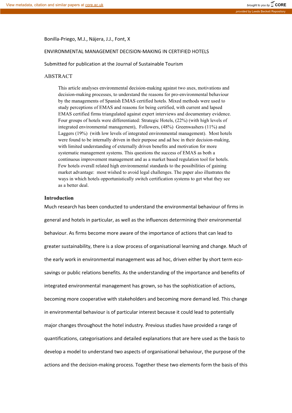 Environmental Management Decision-Making in Certified Hotels